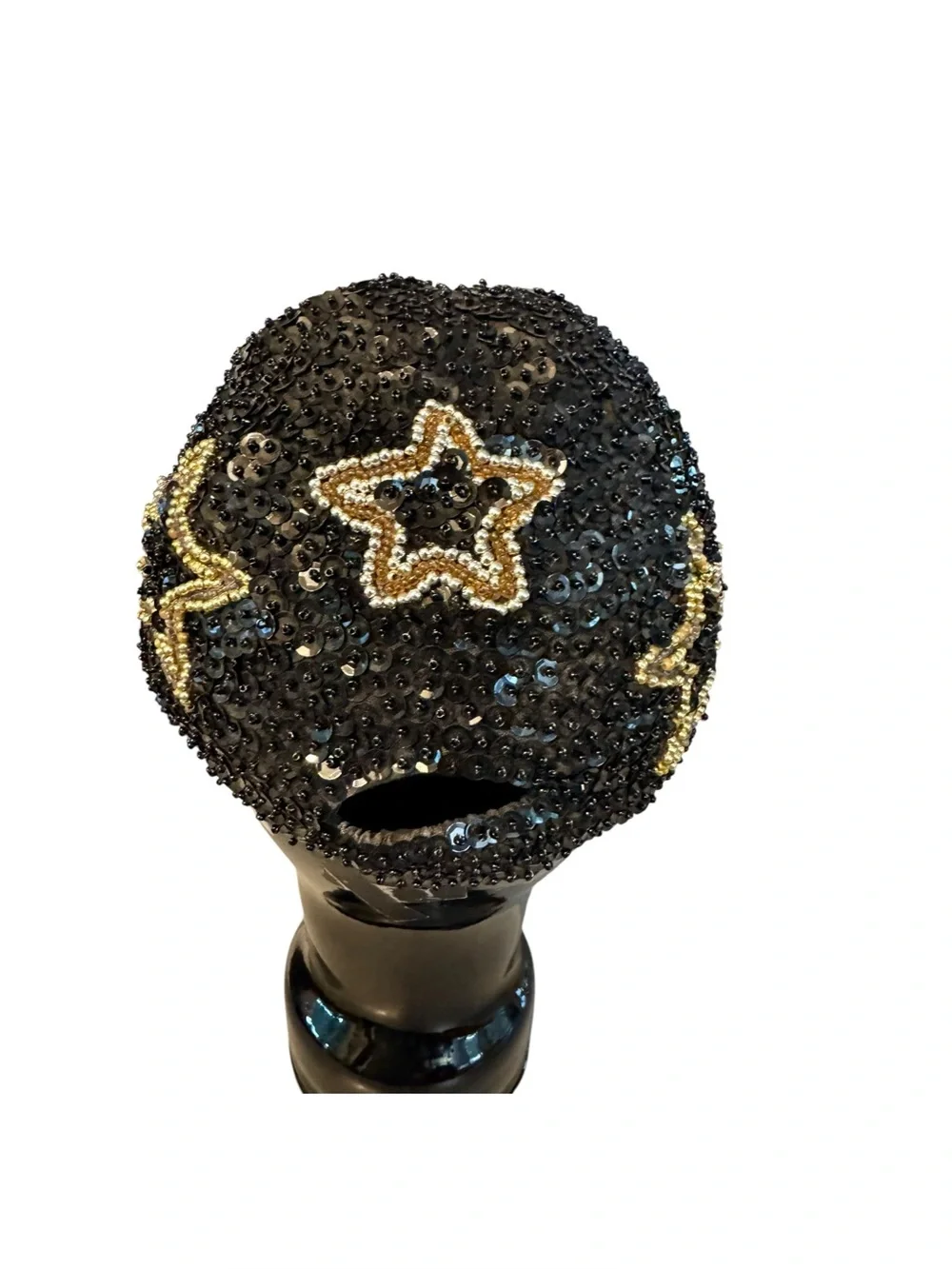 Vtg 90s Black Sequin Ball Cap Gold Sequin Beaded Stars OS Boho City Casino - Picture 3 of 4